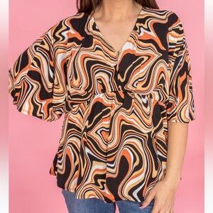 Society Orange Black Graphic 3/4 Sleeve Blouse